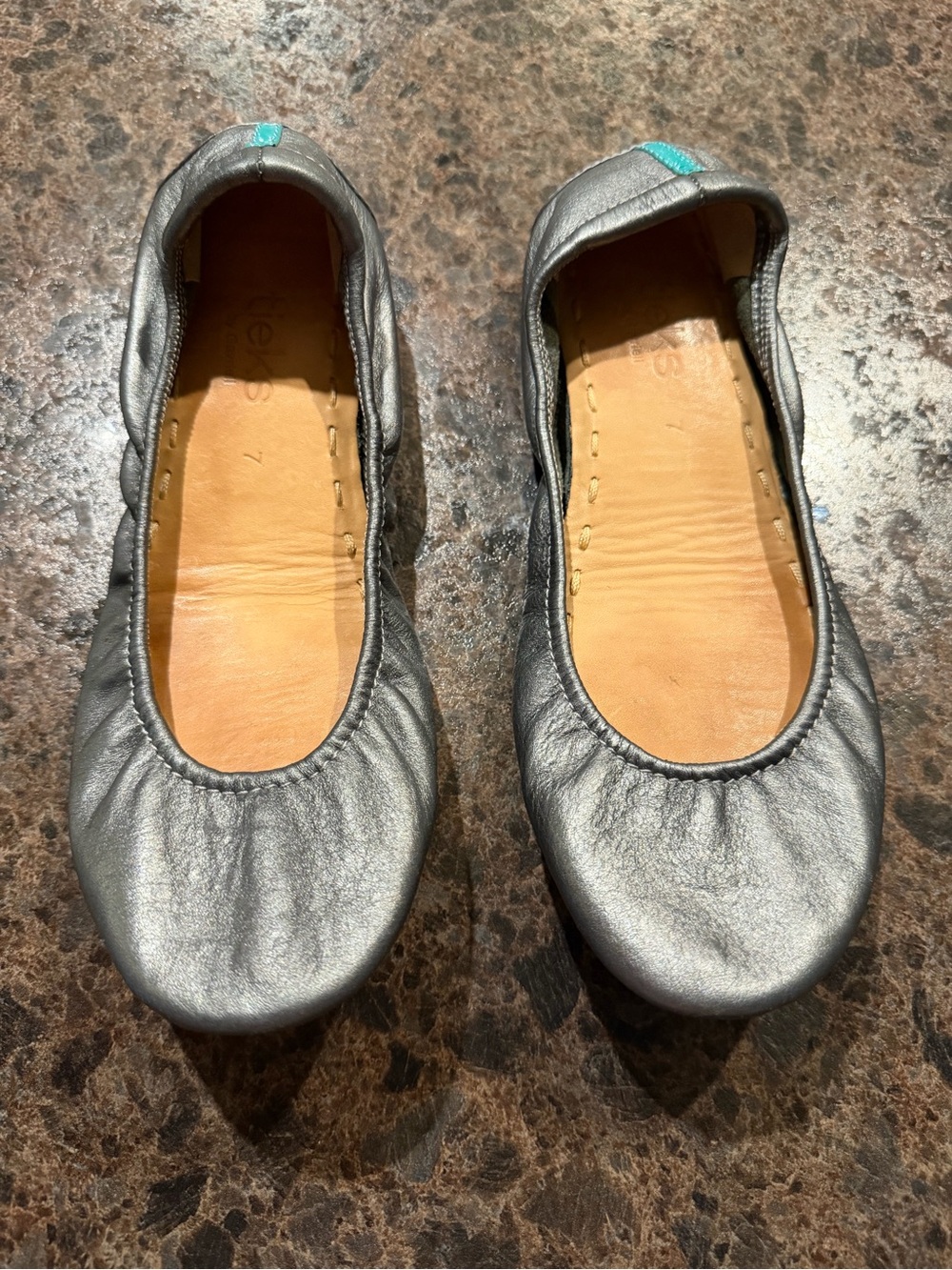Tieks Metallic Silver Ballet Flats with Teal Heel Tab